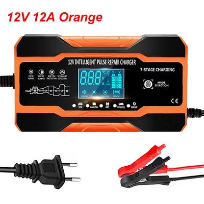 12V 24V 12A 10A Battery Charger Smart Fast Charging for Car Batteries 7-Stage Charge Pulse Repair for AGM GEL WET Lead Acid