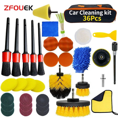 ZOPOSON New Car Cleaning Kit Scrubber Drill Detailing Brush Set Air Conditioner Vents Towel Polisher Car Auto Detailing Tools