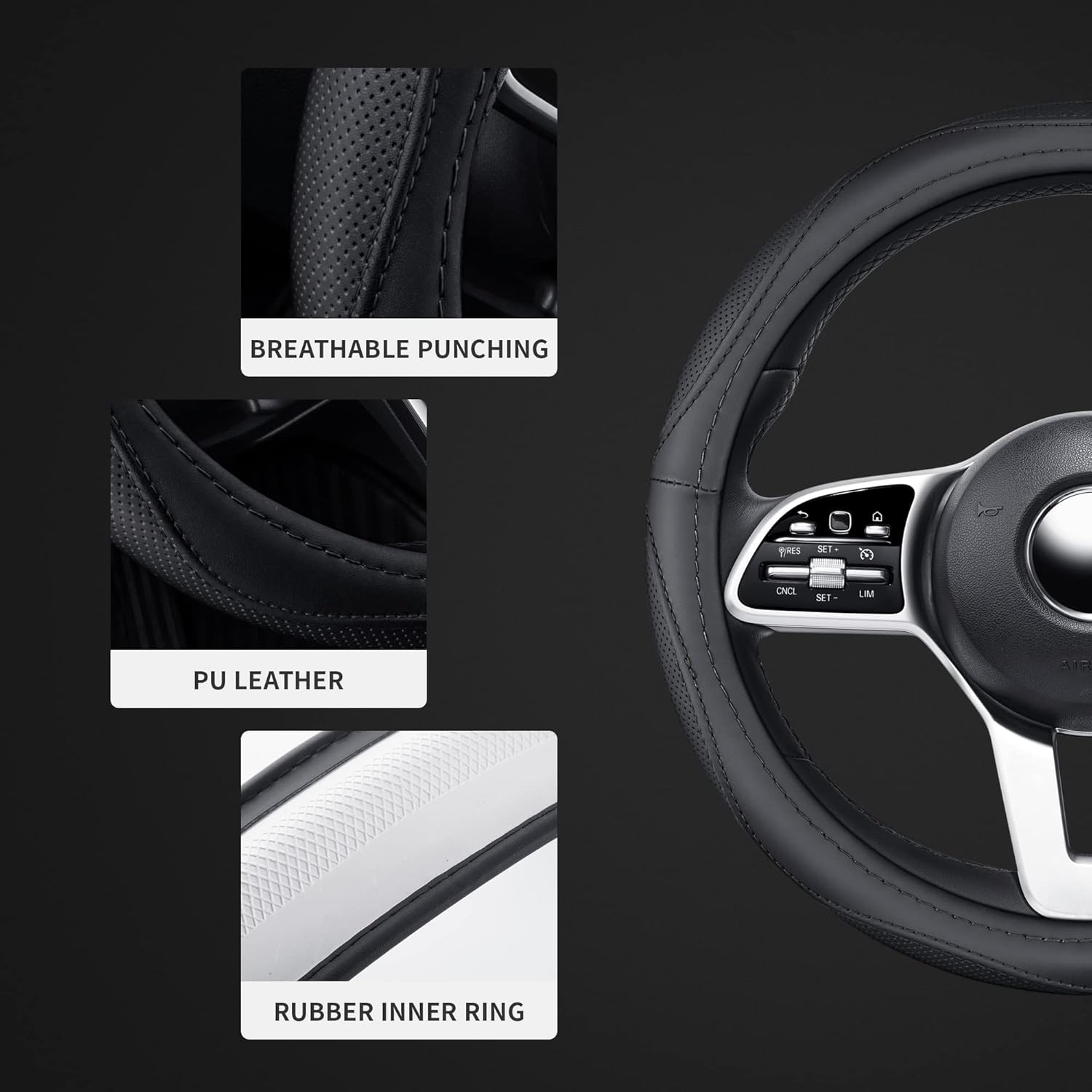 Microfiber Leather 15" Universal Fit Car Steering Wheel Cover, Elastic Breathable and Odorless, Black