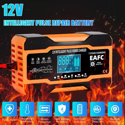 12V 24V 12A 10A Battery Charger Smart Fast Charging for Car Batteries 7-Stage Charge Pulse Repair for AGM GEL WET Lead Acid